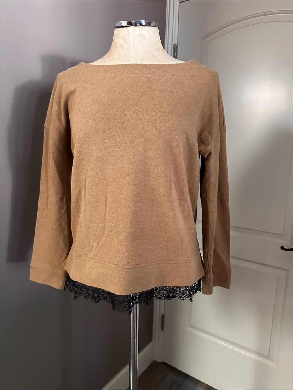 Massimo Dutti Camel Lace-Hem Boatneck Pullover